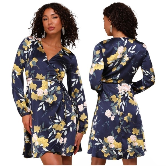 Lulus Love is Life Navy Blue Floral Print Satin Wrap Dress Sz XS - Picture 3 of 13